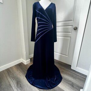 Tadashi Shoji Formal Velvet Dress Rhinestone Ribbons Maxi Evening Gown Navy Blue